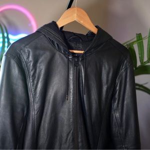 H&M men’s large genuine leather black hooded jacket